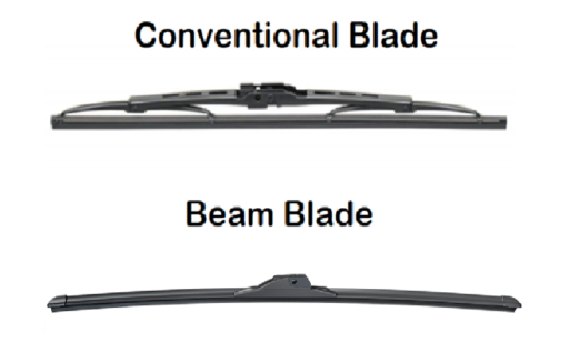 A graphic showing a conventional wiper blade on top and a beam wiper blade at bottom